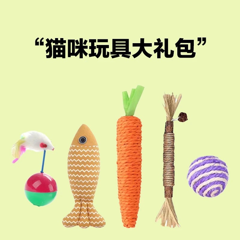 猫咪玩具大礼包B（薄荷鱼+磨牙棒+胡萝卜+剑麻球+不倒翁）