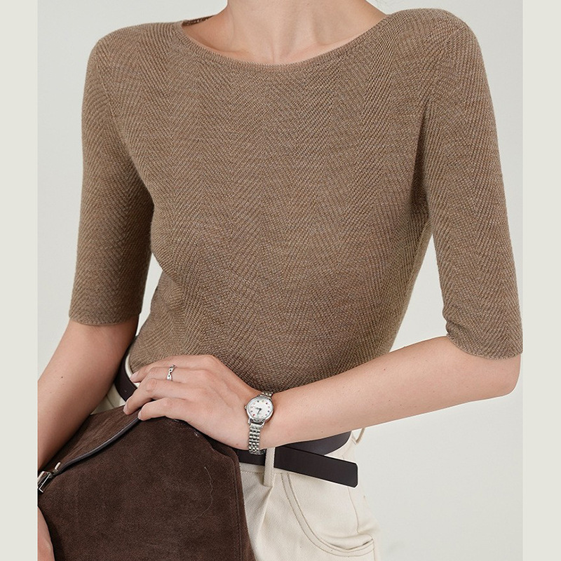 Fine-Spun Wool Sweater with Mid-Sleeves, Spring Pure Wool Top, Slim-Fit Thin Base Layer, High-End Herringbone Knit Sweater Fine-Spun Wool Sweater with Mid-Sleeves, Spring Pure Wool Top, Slim-Fit Thin Base Layer, High-End Herringbone Knit Sweater