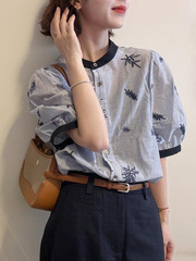 ファッショナブルなカラーブロックストライプ半袖リネンシャツ女性の夏のルーズスリムブレスト刺繍パフスリーブトップ