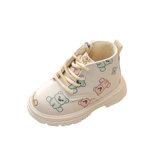 Ermian warm baby girl cartoon bear leather boots  autumn and winter new style boys and girls Martin boots cute short boots trendy