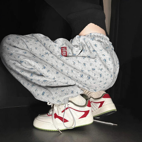 Gray floral sport pants for women loose straight tube 2025 new spring and autumn high waist casual wide leg pants small size tracksuit pants 