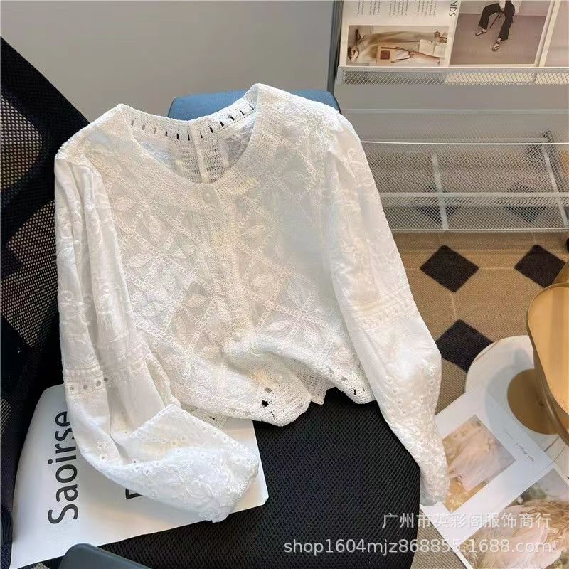Retro jacquard stitching hollow sweater for women Autumn New gentle style sweet slim fit western style niche top fashion