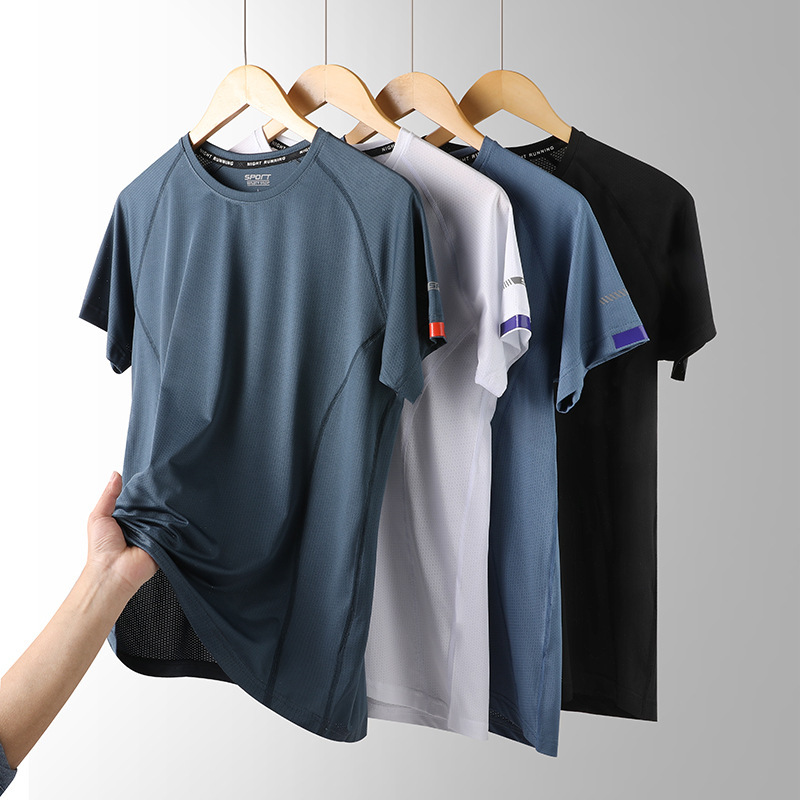 Quick-drying Ice Silk Short-sleeved T-shirt Men's Sports Running Large Size Round Neck Pinhole Mesh Summer Elastic Thin Quick-drying T-shirt