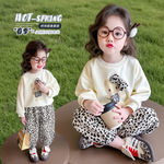 女童休闲小熊套头卫衣两件套2025新款春秋可爱时髦豹纹运动裤套装