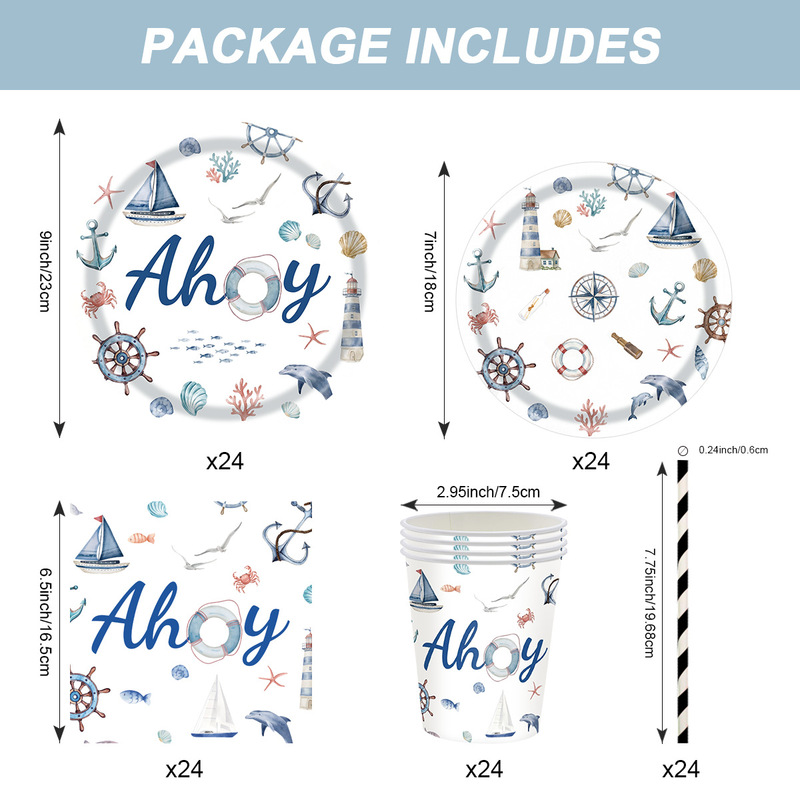 New Nautical Boy-Themed Tableware Disposable Paper Plates, Party Napkins, Paper Cups, Straws, and Decoration Set
