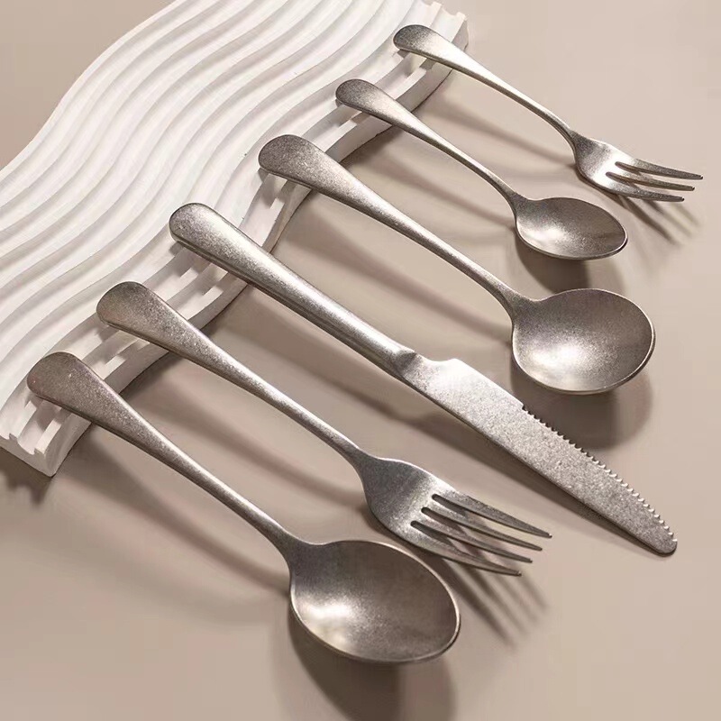 Lyon INS 304 Stainless Steel Tableware Tony Old Vintage Brushed Knife, Fork and Spoon Western Food Tableware Set Lyon INS 304 Stainless Steel Tableware Tony Old Vintage Brushed Knife, Fork and Spoon Western Food Tableware Set