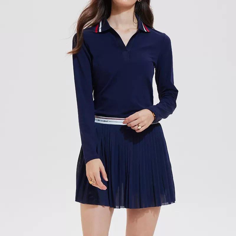 秋冬新款V领高尔夫POLO衫裸感磨毛健身长袖户外速干网球服套装女