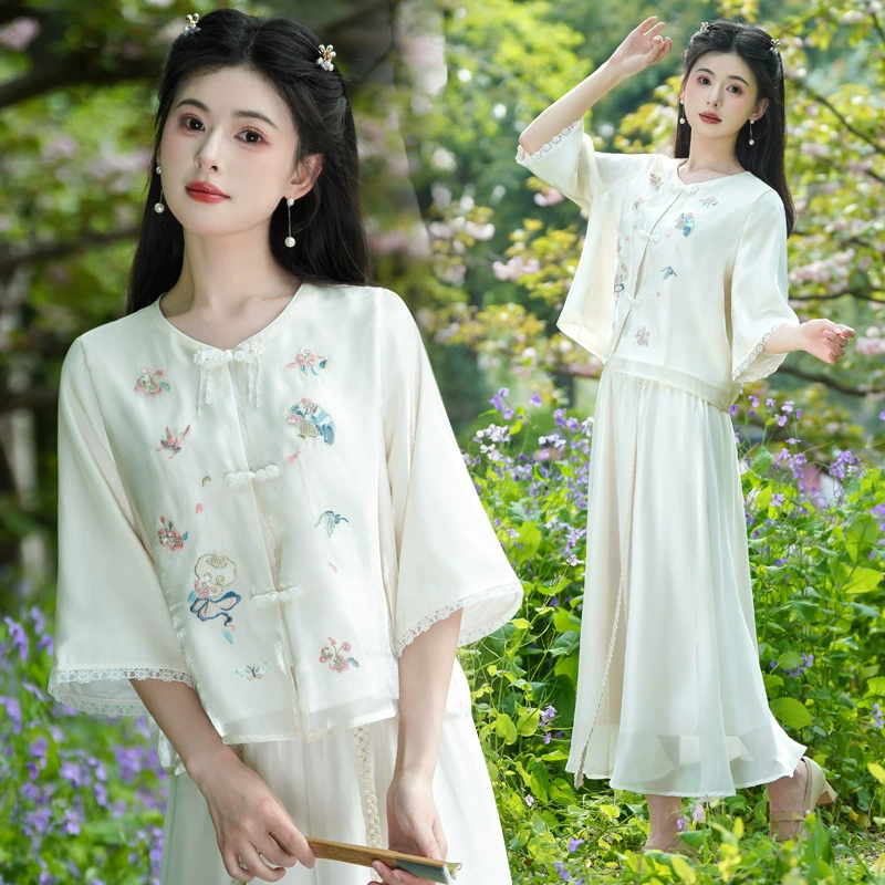 Летний костюм 2025 года в ретро-стиле, новый китайский стиль, улучшенная легкая марлевая вышивка, круглый вырез, художественный чайный костюм, топ с рукавом три четверти