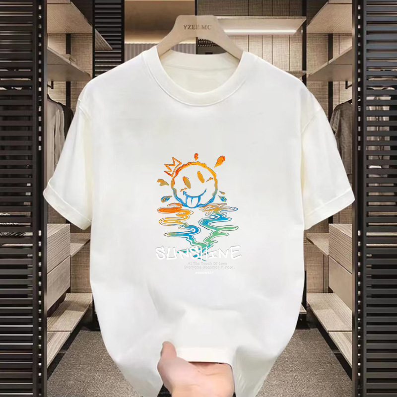 Manufacturer Wholesale Summer Men's T-Shirt Short-Sleeved National Trend Printed Solid Color Tops Versatile Simple Trendy Tops T-Shirts