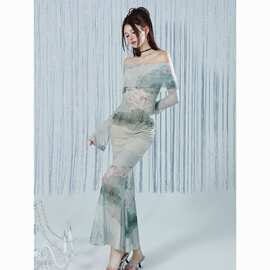 中式水墨画荷塘月色弹力网纱一字领长裙女气质修身鱼尾长袖连衣裙