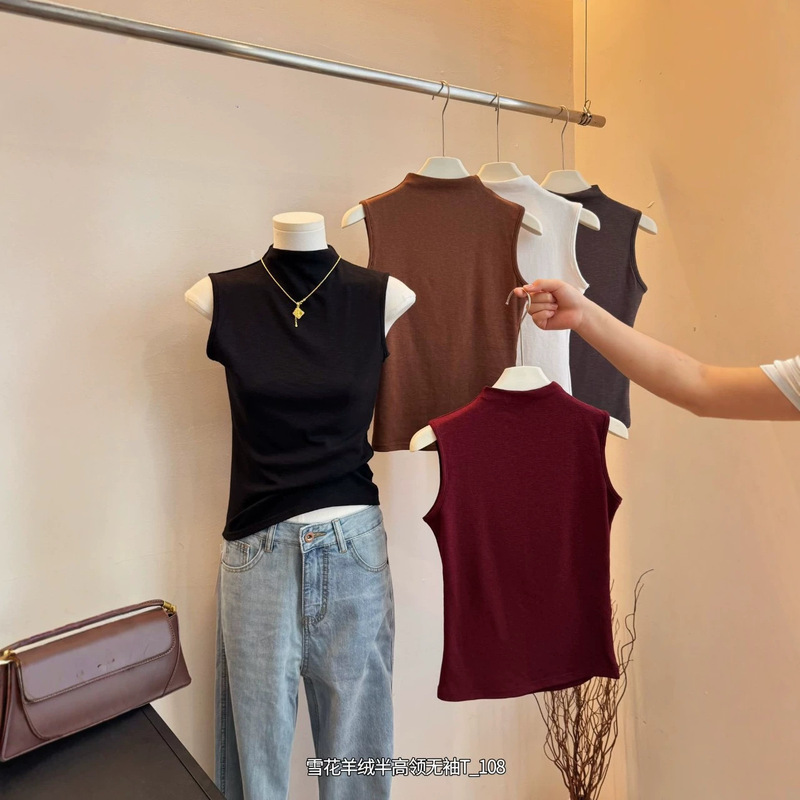 108 Snowflake Cashmere Half-Turtleneck Sleeveless T-shirt, Length 52 - For distributors only, no returns or exchanges