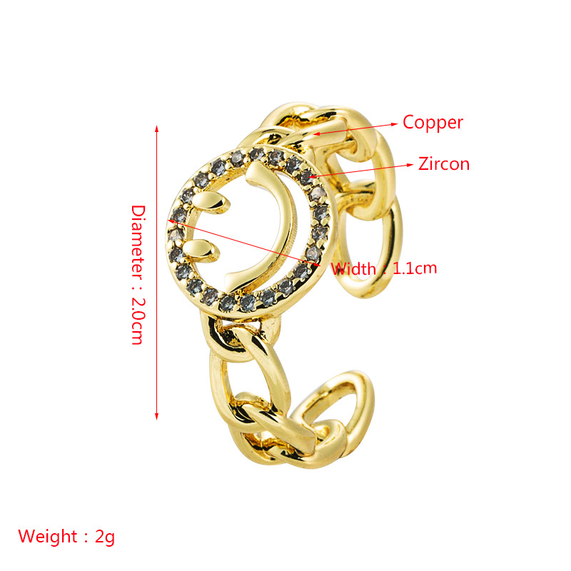 Fashion Brass Micro Inlaid Zircon Plated Real Gold Ring Smiley Face Opening Adjustable Hip Hop Ring display picture 1