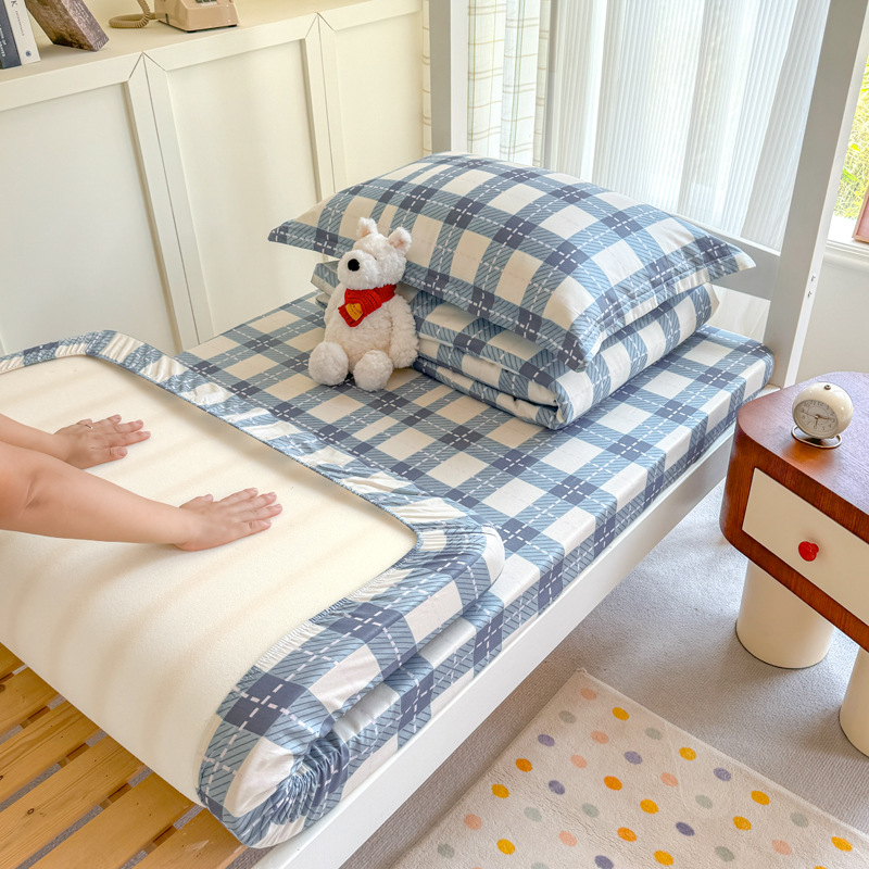 Colcha de cama con estampado de algodón puro, funda de cama para dormitorio de estudiantes de una sola pieza, funda protectora de colchón, juego de tres piezas con todo incluido