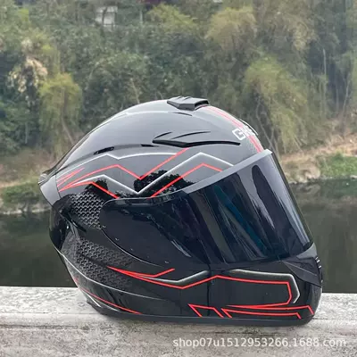 Helmet, Full-Face Motorcycle Helmet, Motosiklet kaskı (dəbilqə) - red-lines-with-black-mirror-headphone-slot-universal-for-all-seasons-s-head-circumference-52-53-weight-45kg-or-less