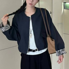 欧洲站2025秋冬新款拼色袖花内衬毛呢外套女宽松短款休闲保暖上衣