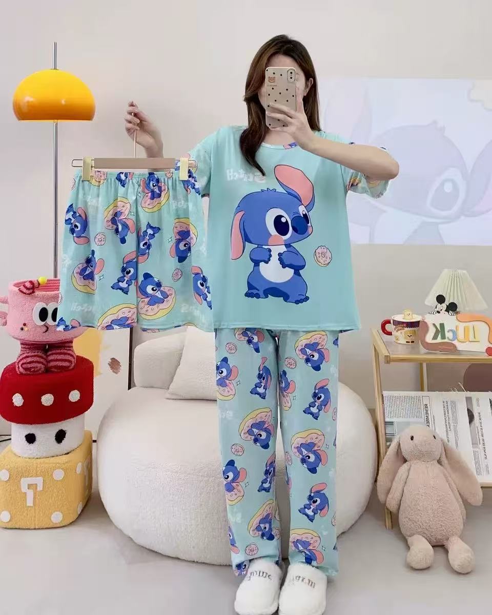 [conjunto de tres piezas] pijamas de mujer nuevo cuello redondo de verano manga corta ropa casera casual pantalones cortos sueltos set