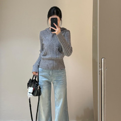 灰色连帽麻花毛衣女2025新款早春秋季感慵懒风修身针织衫上衣