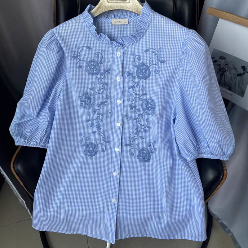 2025 Cross-Border Women's Summer New Plaid Floral Embroidered Short-Sleeve Shirt with Single-Breasted Buttons, Pure Cotton, Elegant Women's Top 2025 Cross-Border Women's Summer New Plaid Floral Embroidered Short-Sleeve Shirt with Single-Breasted Buttons, Pure Cotton, Elegant Women's Top