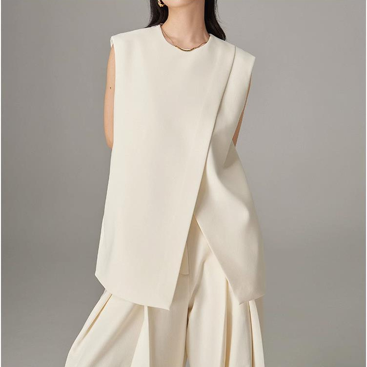 GraceChic Cross-Border Strong Twist Fabric Three-Dimensional Cutting Irregular Silhouette Draped Double Pleat Slimming Suit Vest_voghion.com