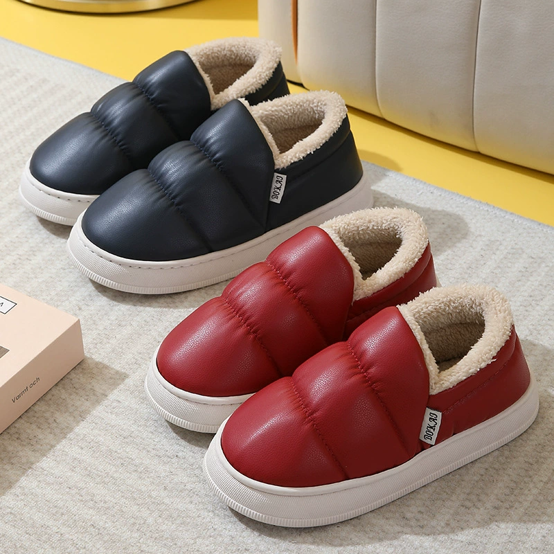 Тапочки из искусственной кожи и хлопка женская домашняя сумка с зимними теплая и удобная Нескользящая вода Повседневные тапочки на толстой подошве для мужчин