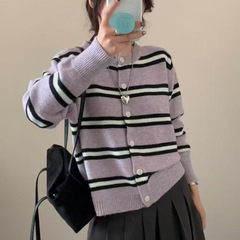 韩版撞色条纹圆领针织开衫女2025秋冬新款设计感宽松系扣长袖外套
