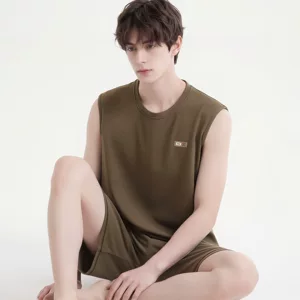 男士夏季纯棉薄款无袖背心短裤睡衣套装青少年家居服简约休闲男款