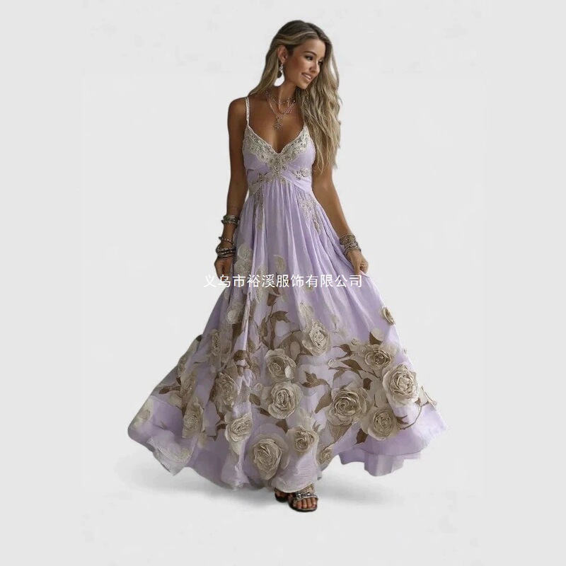 2026 New Cross-Border Off-Shoulder European and American Women's Fashion Digital Print Fairy-Like Long Elegant Evening Dress 2026 New Cross-Border Off-Shoulder European and American Women's Fashion Digital Print Fairy-Like Long Elegant Evening Dress