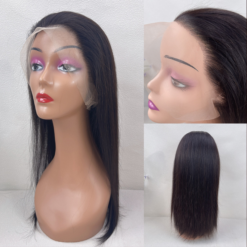 Cross-Border New Product 13*6 Hand-Woven Front Lace Wig Full Head Set Real Human Hair Black Long Straight Women's Foreign Trade Wig Set