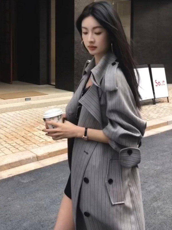 高级感条纹风衣外套女2025春秋新款宽松系带韩版中长款慵懒风大衣|undefined