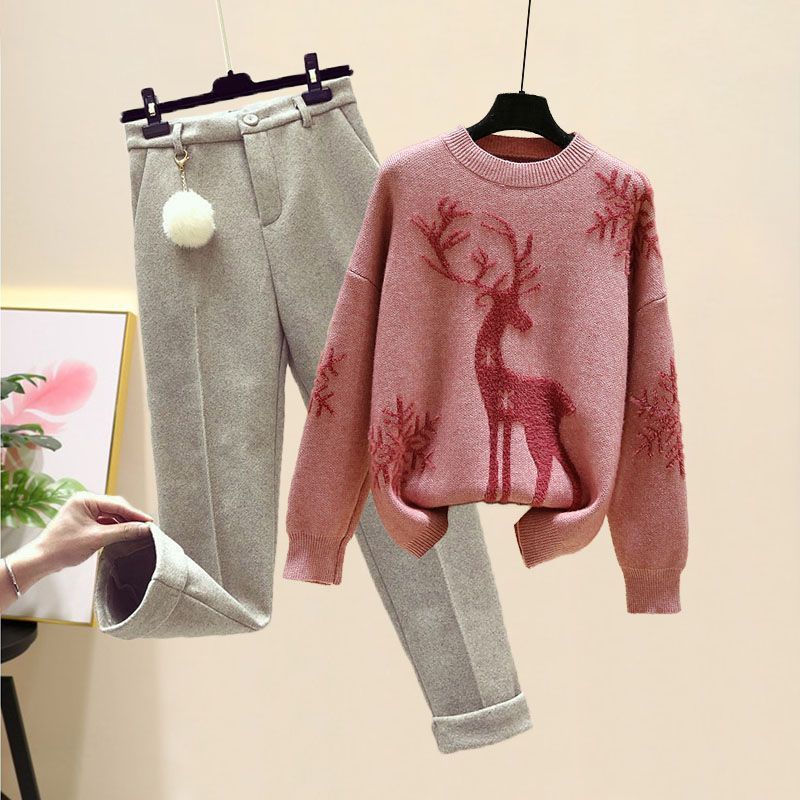 Weihnachts-Rentier-Pullover-Set für Damen, neuer Herbst-Winter-Stil, locker gestrickter Pullover, dicke, gerade geschnittene Freizeithose, 2-teiliges Set_voghion.com