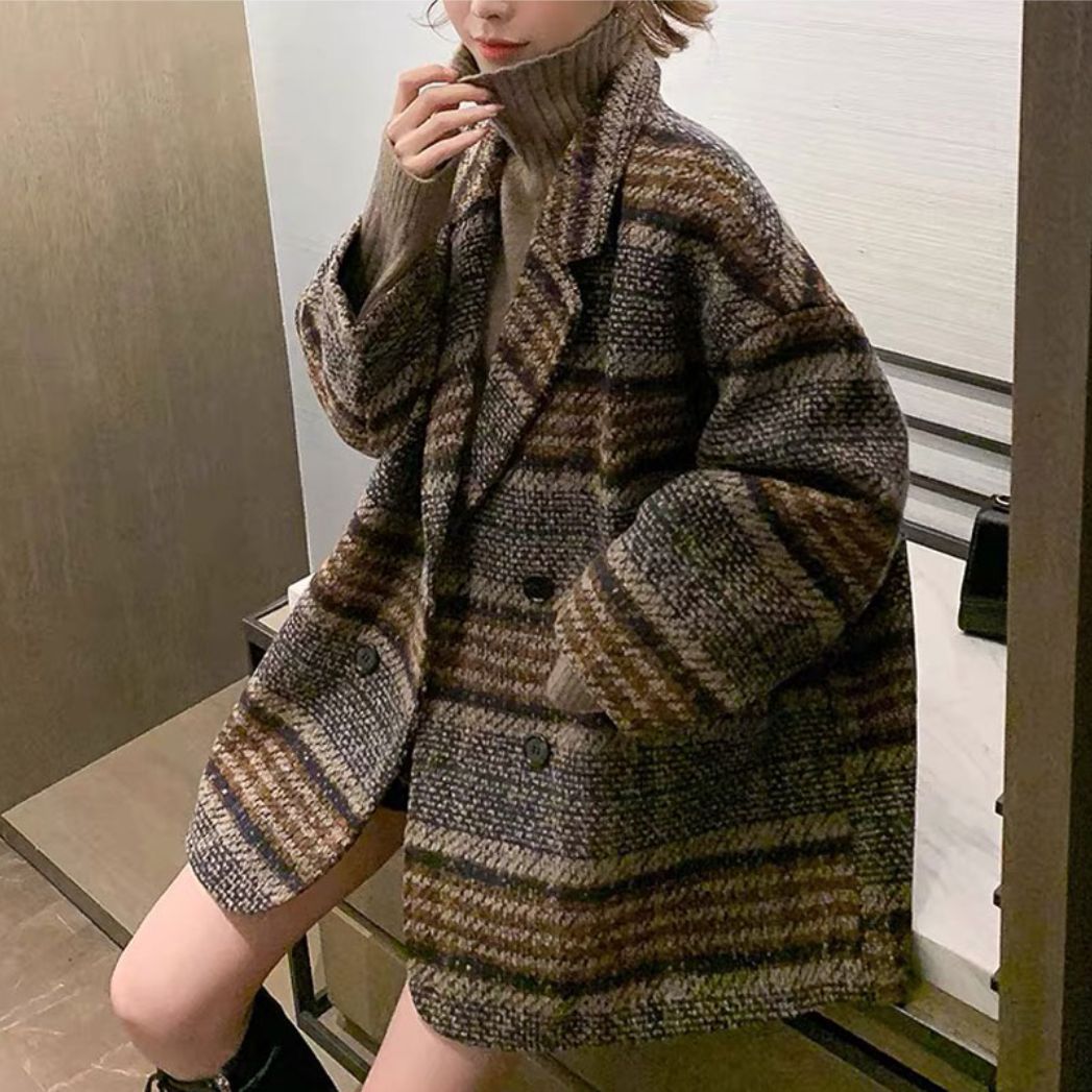 现货 加厚 格子毛呢外套女中长款2025秋冬新款宽松呢子西装外套