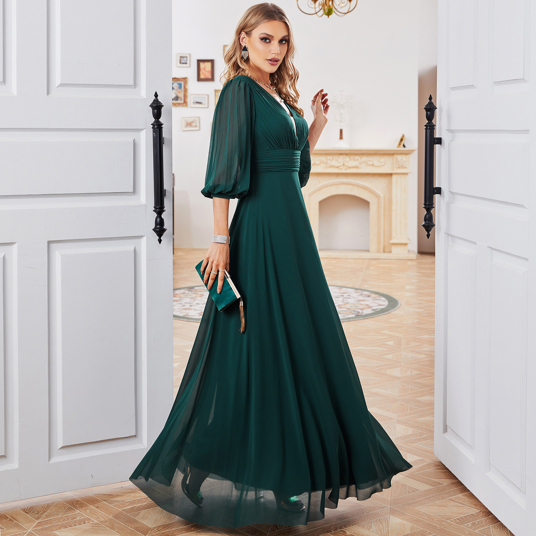 Vestido formal de comercio exterior para mujer, vestido de dama de honor holgado, vestido de noche para fiesta diaria, vestido largo de gasa de manga media para Amazon Cross-Border.