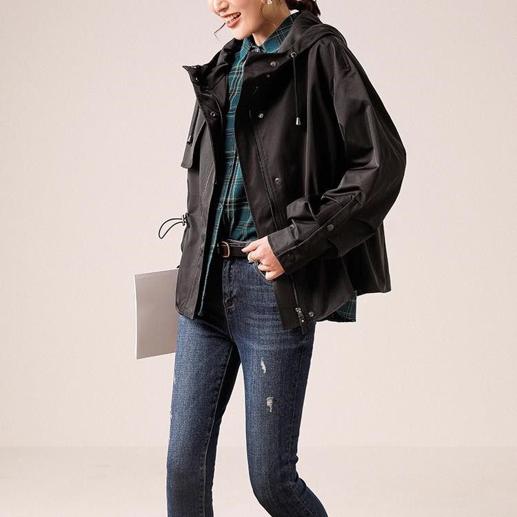 Women's Short Trench Coat 2024 New Hooded College Style Autumn Student Trendy Waist-Cinching Versatile Black Jacket