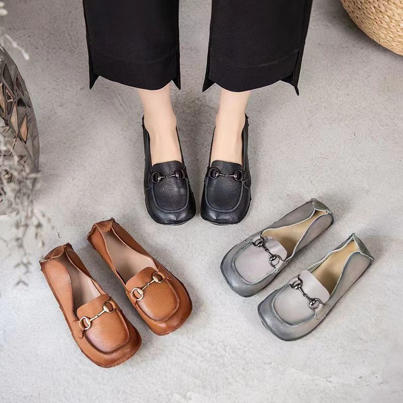 Top Layer Cowhide Summer Super Soft Bottom Shallow Mouth Ethnic Style Maternity Shoes Non-Slip Pea Shoes Flat Women's Single-Layer Shoes Mother Shoes