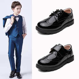 亚马逊男童皮鞋英伦风学生鞋黑色软底礼服中大童2023布洛克正装鞋