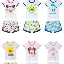 出口日本男女儿童套装卡通提花新款呼吸棉透气短袖T恤儿童套装夏