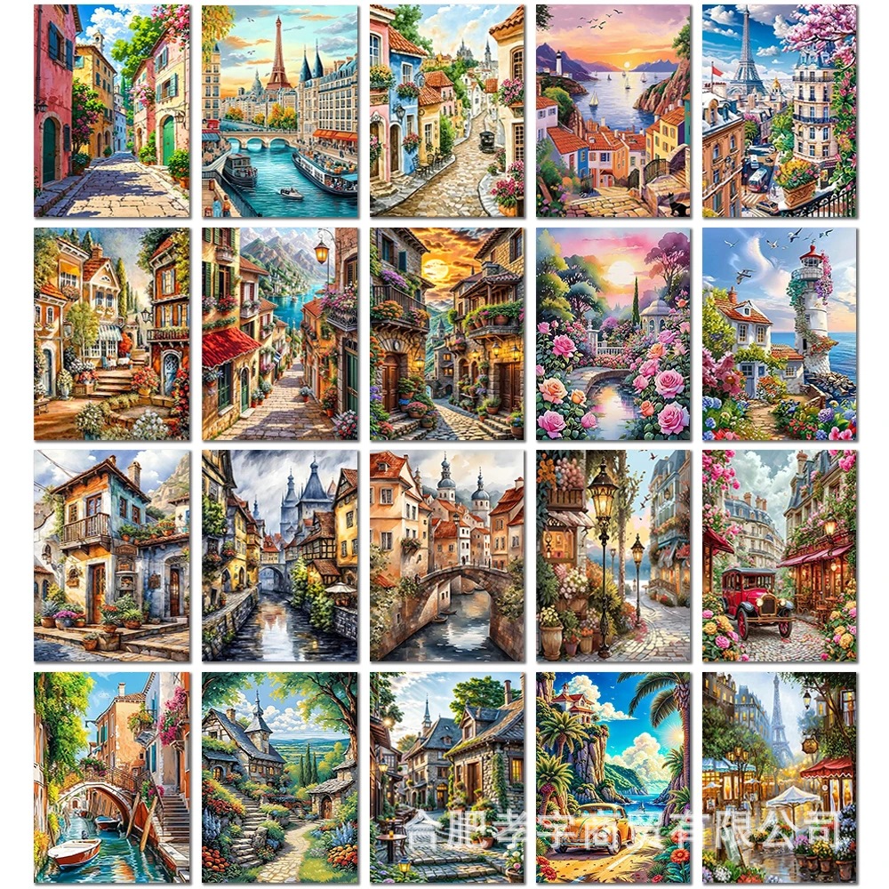 Venta caliente transfronteriza dibujos animados ciudad de bricolaje casa paisaje lleno de diamantes sala de estar dormitorio decoración pegatinas fabricante de pintura de diamantes