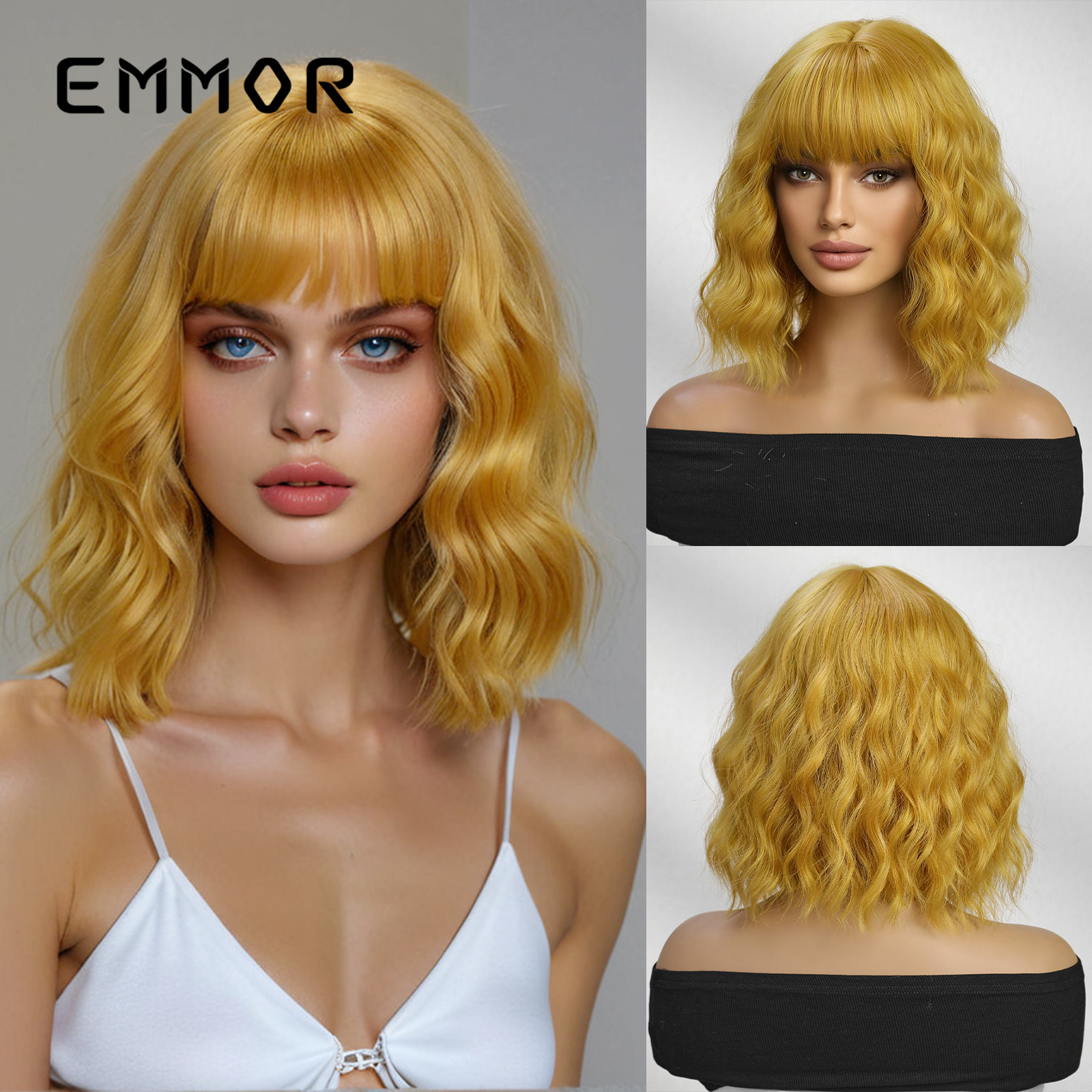 Peluca femenina pelo corto y rizado neto neto natural Qi flequillo realista Bobo cabeza dorada cubierta completa wigs spot