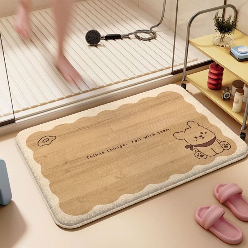 Cartoon Wood Grain Bathroom Floor Mat, Shower Room Water-Absorbent High-Quality Flannel Floor Mat, Bathroom Stain-Resistant and Wear-Resistant Foot Mat