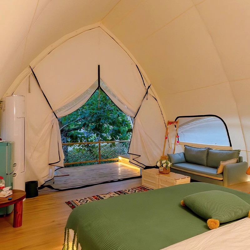Hotel semicircular tienda de campaña al aire libre acampamiento residencial base de campo a prueba de vientos galpón fabricante de equipos de cortina a prueba de lluvia
