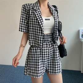 韩国时尚套装女夏季新款短款西装外套松紧腰短裤子格子气质两件套