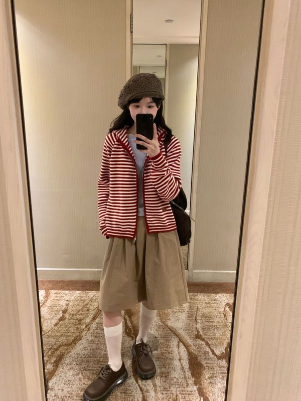 红白条纹连帽双拉链针织衫开衫女韩系复古宽松减龄毛衣外套上衣女|undefined