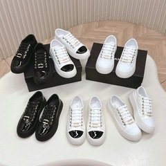 2025新款菱格纹厚底系带拼色板鞋小白鞋女时尚百搭真皮大头饼干鞋
