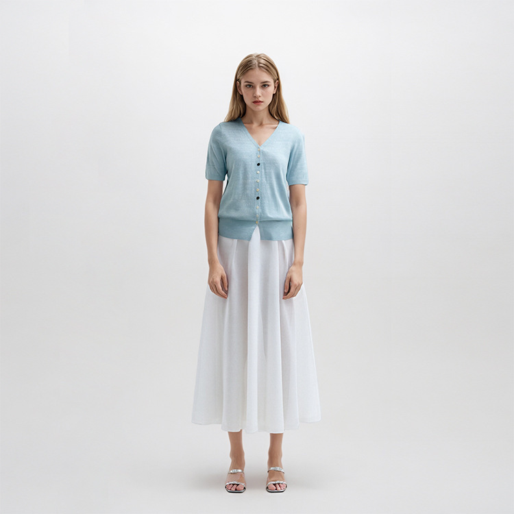 Nanyou Classy Wholesale Spring and Summer Thin Sky Blue V-Neck Short-Sleeved Single-Breasted Wool Linen Knitted Sweater Cardigan