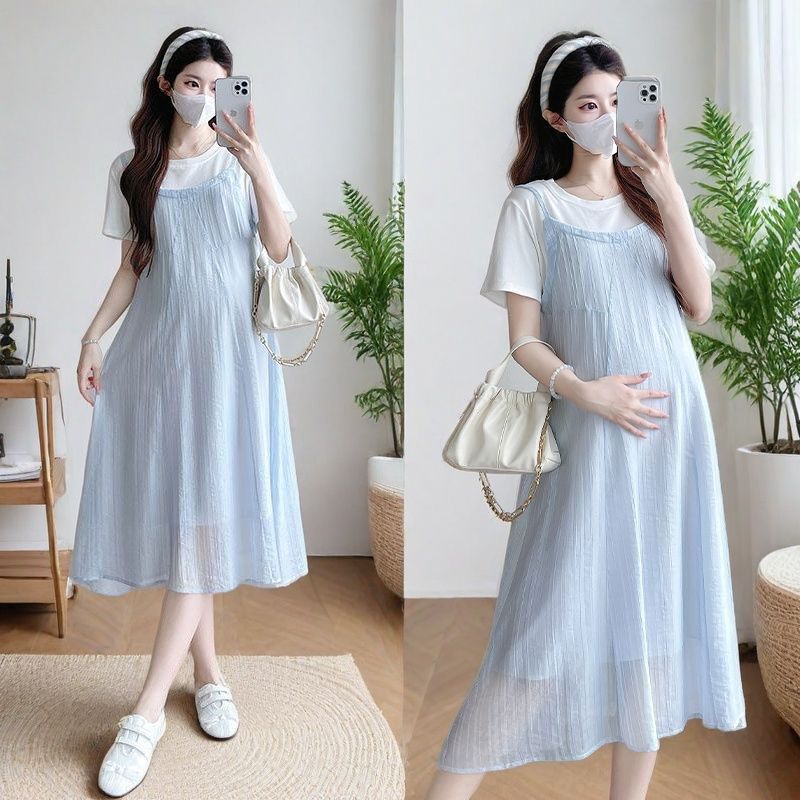 Maternity 2025 New Summer French Gentle Style Small Fresh chubby girl Loose Belly Covering Fake Two-piece dress