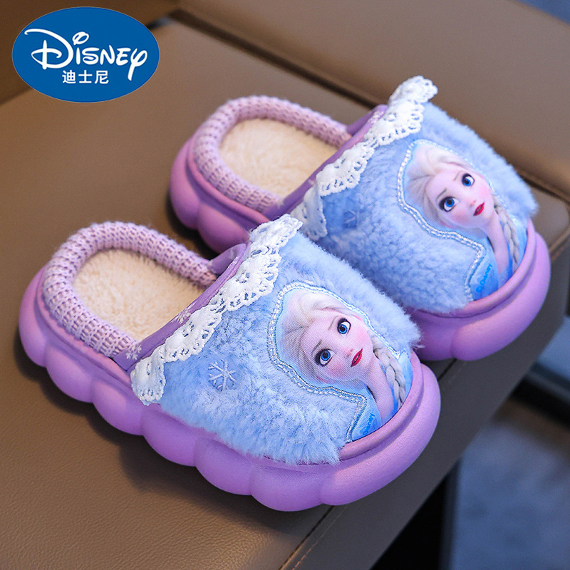 Bolsos de invierno de niñas zapatos de algodón cálidos peluche casa princesa Elsa zapatillas de algodón de espesor para niños