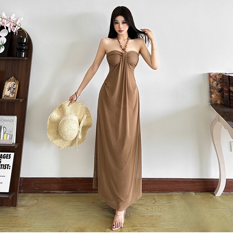 SylCue Thai-style resort dress with beaded halter neck, pleated, slimming, versatile, vintage long dress for summer