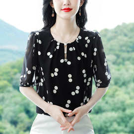 高端中年真丝短袖衬衫女士2025夏季圆领时尚桑蚕丝百搭小衫上衣女