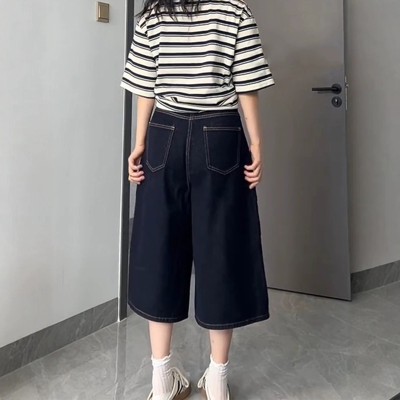Dark Blue Wide-Leg Denim Cropped Pants for Women, New Summer Style, Plus Size, Loose Fit, Slimming, Suitable for Pear-Shaped Body, Straight-Leg Pants