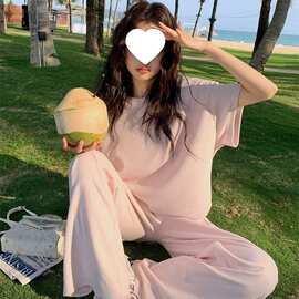 夏季韩系运动套装女时尚纯色宽松短袖上衣阔腿裤减龄休闲两件套